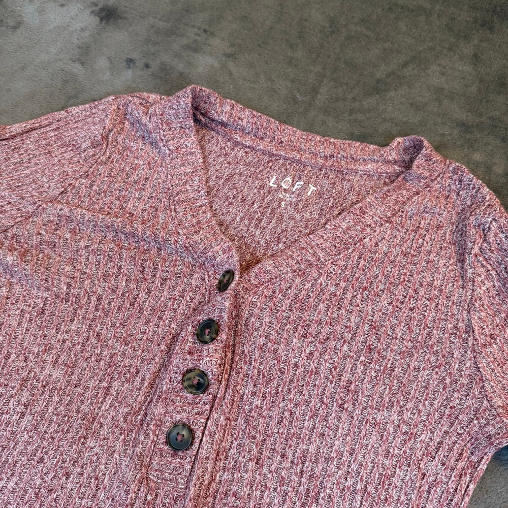 LOFT Ribbed Henley Top Womens Small Pink Marled Long Sleeve Button Front
